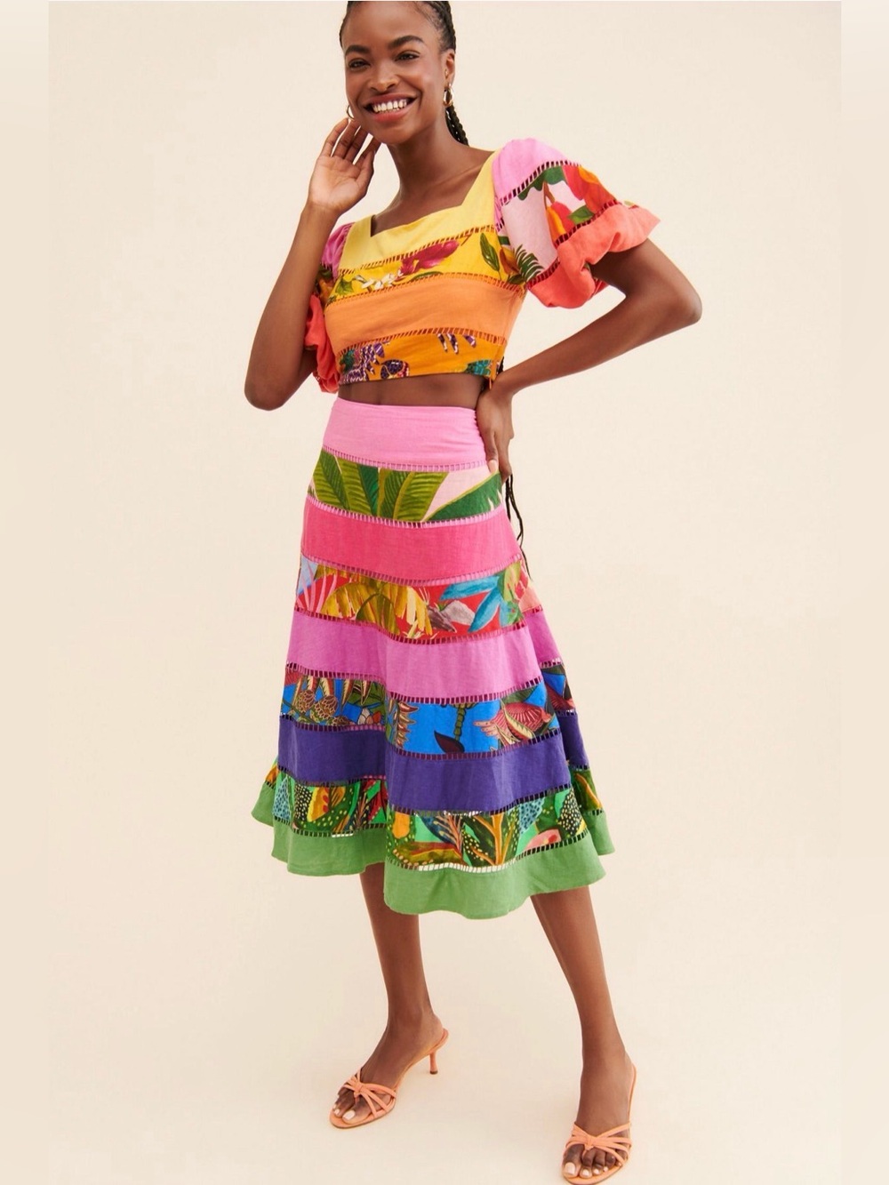 Farm Rio Rainbow Mixed Print Tiered Midi Skirt Tropical Resort beachy XL